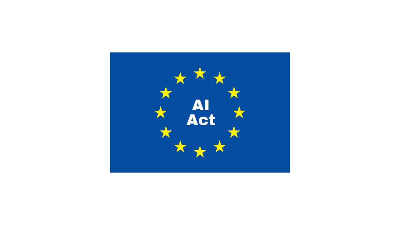 AI Act graphic with twelve yellow stars on a blue European flag.