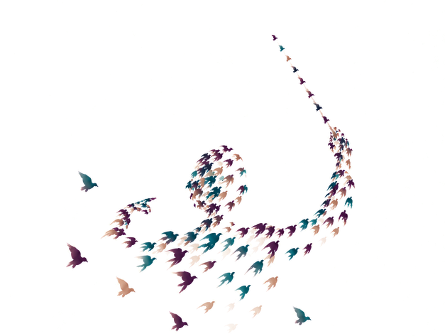 A murmuration of birds in plum, teal and sand, gathering into one turning arc.